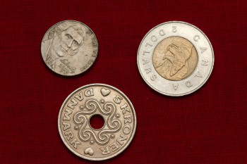 5 US Cents, 5 Danish Kroner, and 2 Canadian Dollars
