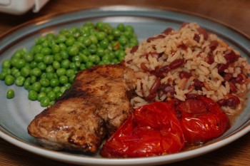 Pork Chop, Tomato, Rice and Beans, Peas