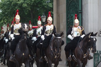 The Blues and Royals riding under Wellington Arch.