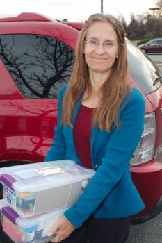 Cathy with Operation Christmas Child Boxes