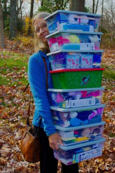 Cathy with Operation Christmas Child Boxes